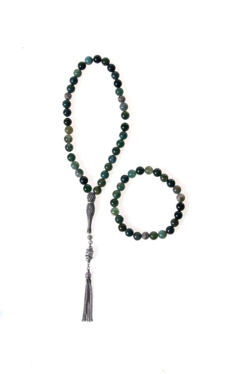 Sertifikalı Akik 925 Ayar Gümüş 8 mm İmameli Tesbih & Bileklik Seti - 1