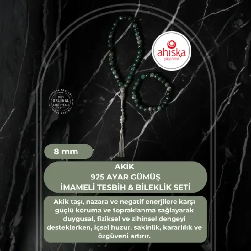 Sertifikalı Akik 925 Ayar Gümüş 8 mm İmameli Tesbih & Bileklik Seti - 2