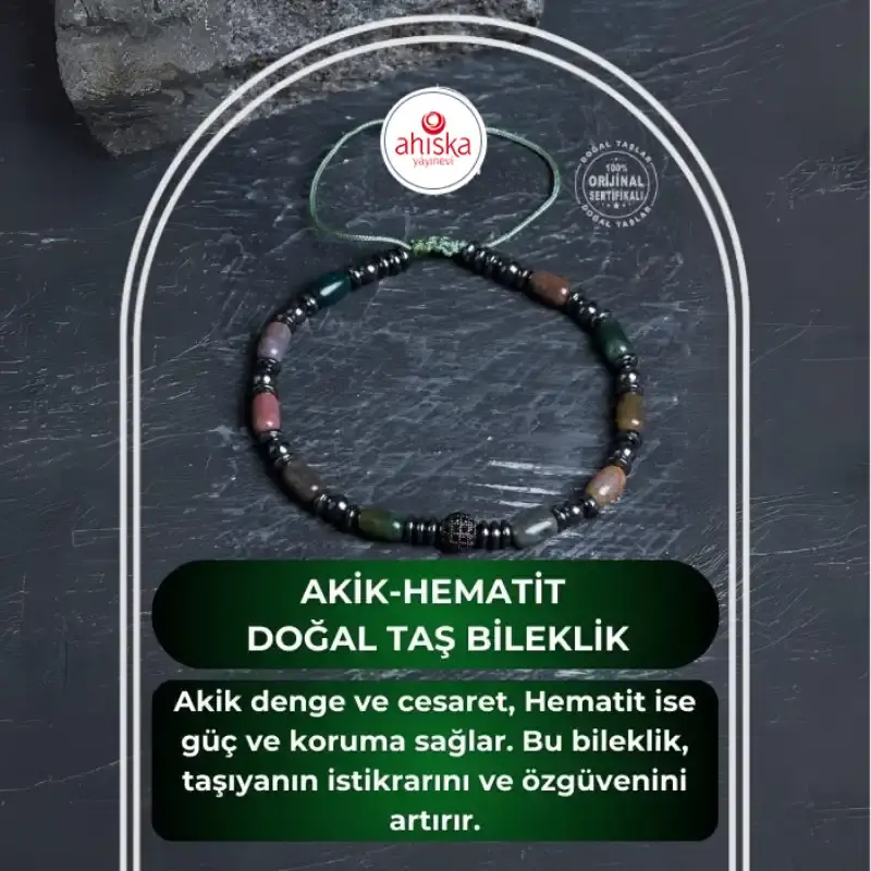 Sertifikalı Akik, Hematit Doğal Taş Makrome Bileklik