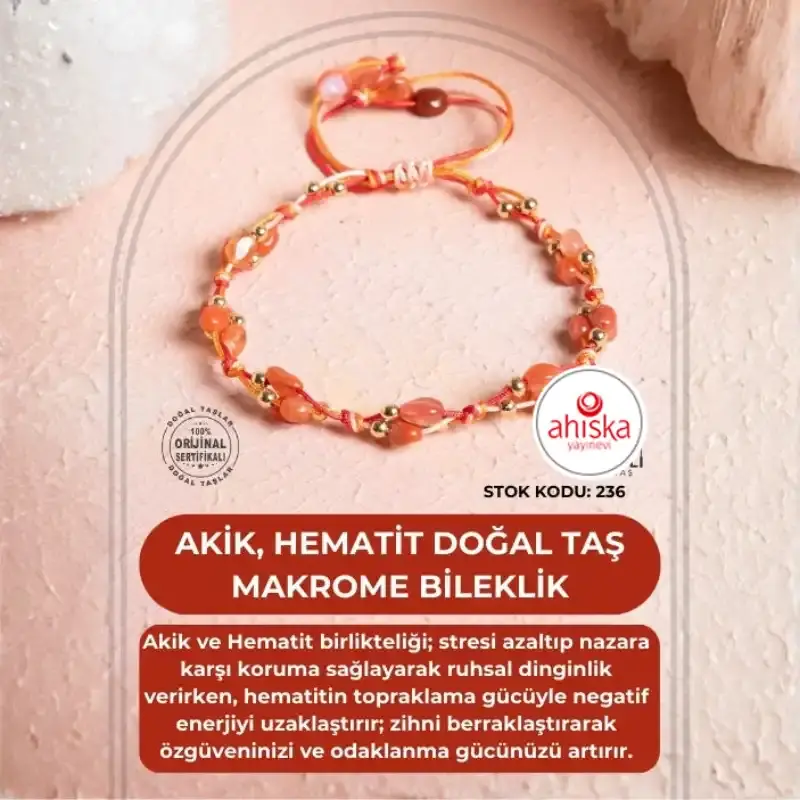 Sertifikalı Akik, Hematit Doğal Taş Makrome Bileklik (SK:236)