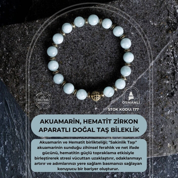Sertifikalı Akuamarin, Hematit Zirkon Aparatlı Doğal Taş Bileklik (SK:177) - 2