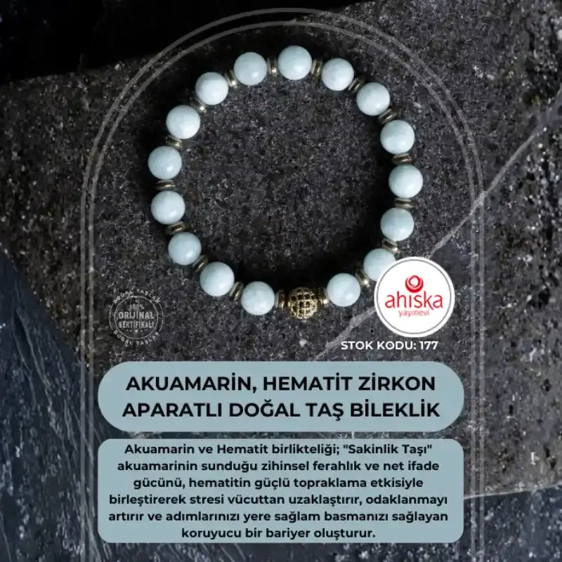 Sertifikalı Akuamarin, Hematit Zirkon Aparatlı Doğal Taş Bileklik (SK:177) - 2