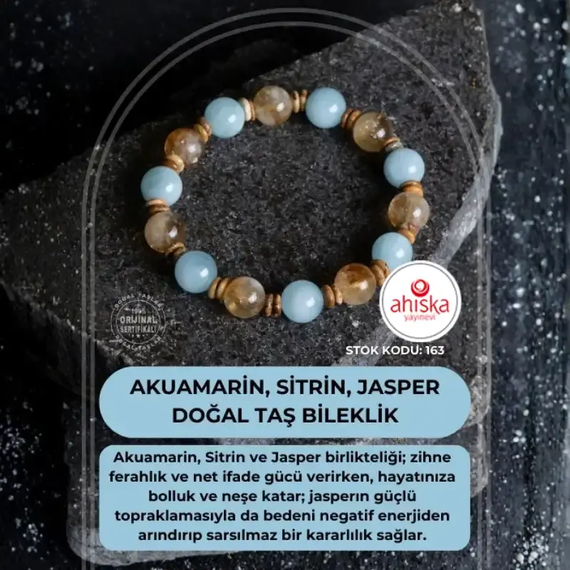 Sertifikalı Akuamarin, Sitrin ve Jasper Doğal Taş Bileklik (SK:163) - 2