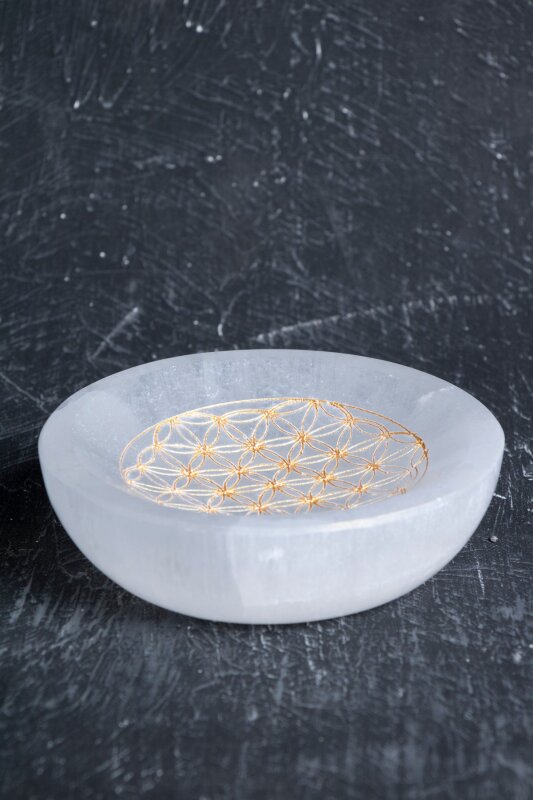 Sertifikalı Altın Renkli Motifli Selenit Tabak - Doğal Taş