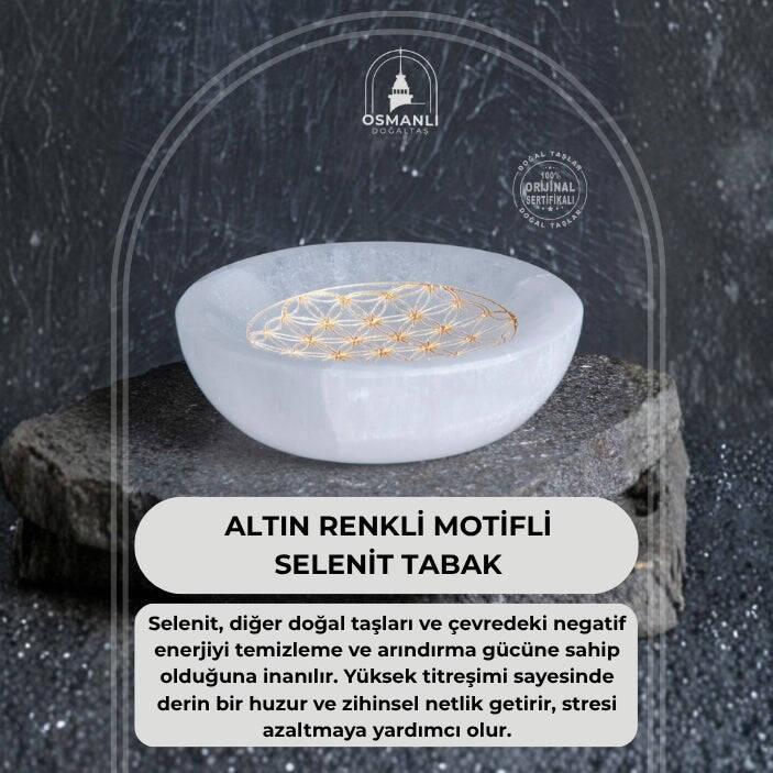 Sertifikalı Altın Renkli Motifli Selenit Tabak - 2
