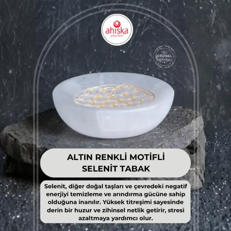 Sertifikalı Altın Renkli Motifli Selenit Tabak - 2