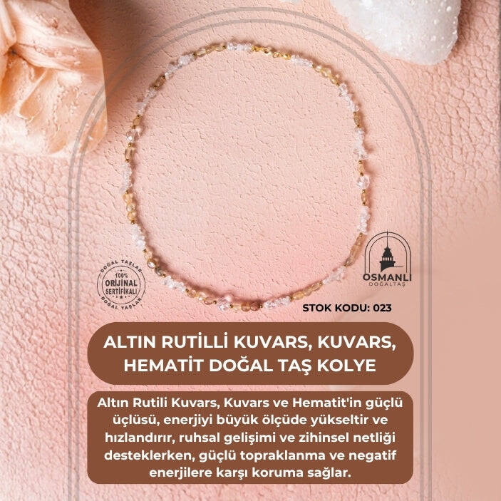 Sertifikalı Altın Rutilli Kuvars, Kuvars, Hematit Doğal Taş Kolye (SK:023) - 2