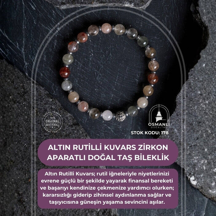 Sertifikalı Altın Rutilli Kuvars Zirkon Aparatlı Doğal Taş Bileklik-6 mm (SK:178) - 2