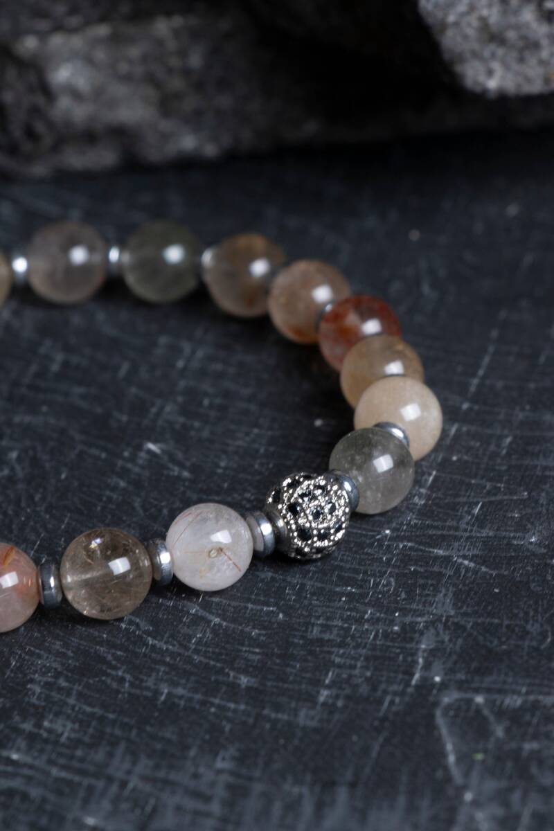 Sertifikalı Altın Rutilli Kuvars Zirkon Aparatlı Doğal Taş Bileklik-6 mm (SK:178) - 3