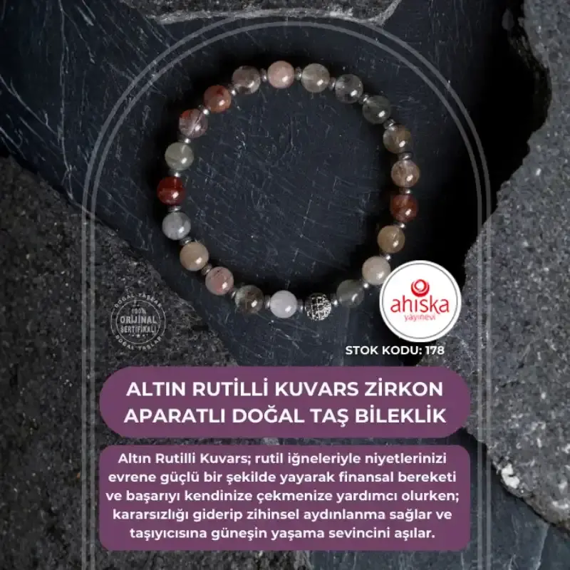 Sertifikalı Altın Rutilli Kuvars Zirkon Aparatlı Doğal Taş Bileklik-6 mm (SK:178) - 2