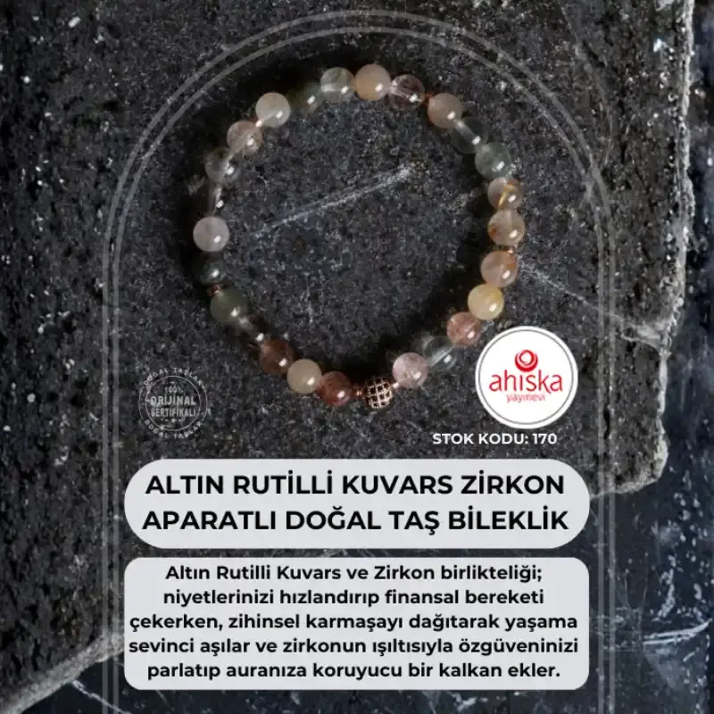 Sertifikalı Altın Rutilli Kuvars Zirkon Aparatlı Doğal Taş Bileklik - 8mm (SK:170) - 2