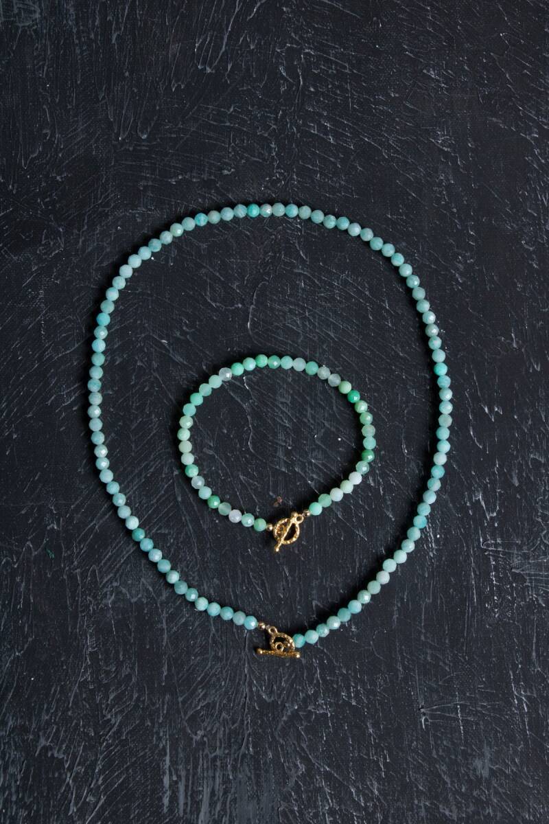 Sertifikalı Amazonit Fasetli Altın Kaplama Doğal Taş Set - 1