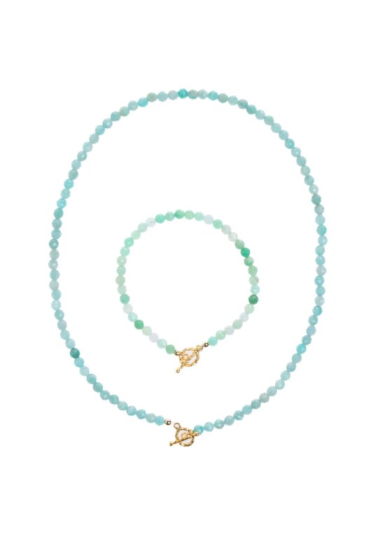 Sertifikalı Amazonit Fasetli Altın Kaplama Doğal Taş Set - 5