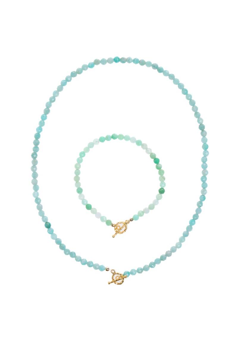 Sertifikalı Amazonit Fasetli Altın Kaplama Doğal Taş Set - 5