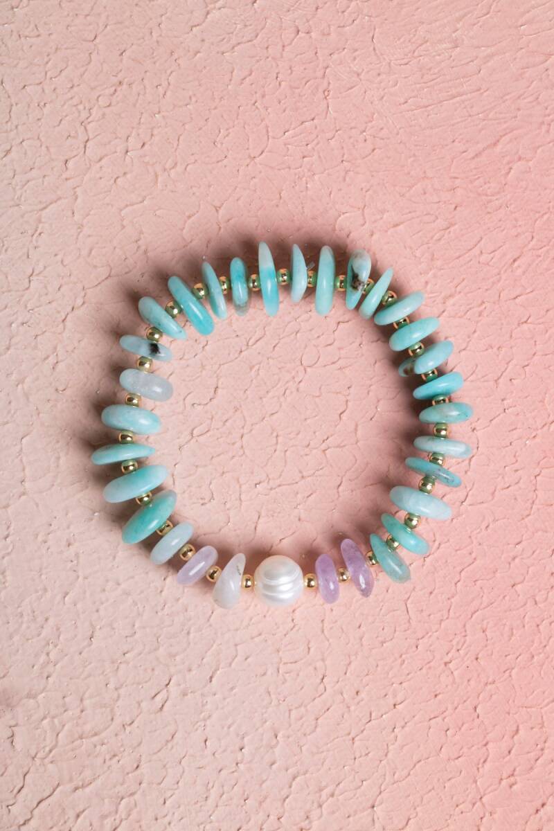 Sertifikalı Amazonit, İnci, Ametist, Hematit Doğal Taş Bileklik (SK:387) - 1