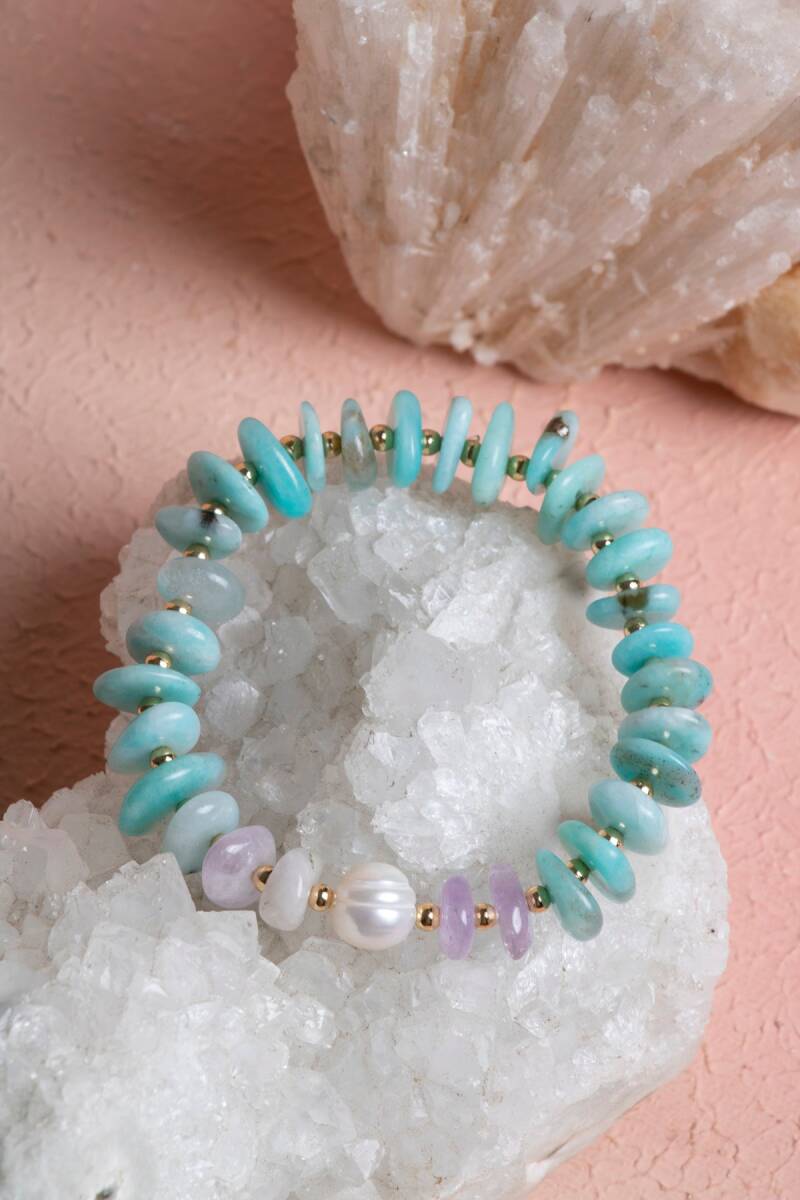 Sertifikalı Amazonit, İnci, Ametist, Hematit Doğal Taş Bileklik (SK:387) - 2