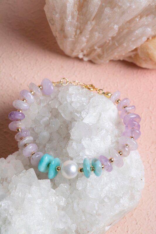 Sertifikalı Ametist, Amazonit, İnci, Hematit, Gümüş Kapama Doğal Taş Bileklik (SK:393) - 4