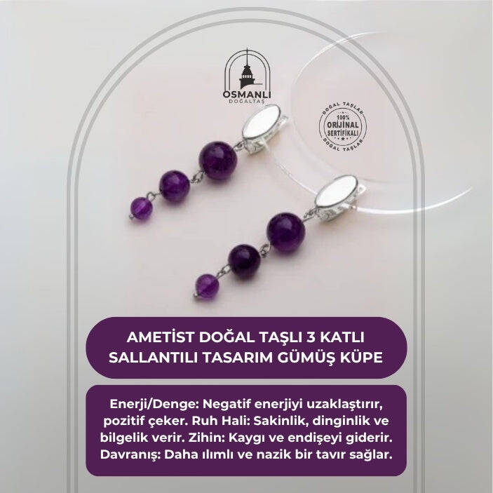 Sertifikalı Ametist Doğal Taşlı 3 Katlı Sallantılı Tasarım Gümüş Küpe - 2