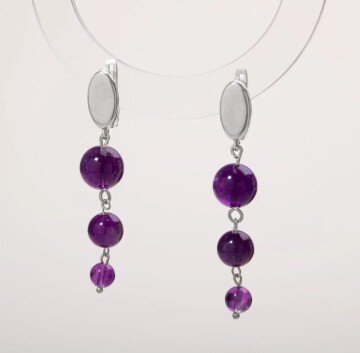 Sertifikalı Ametist Doğal Taşlı 3 Katlı Sallantılı Tasarım Gümüş Küpe - 3