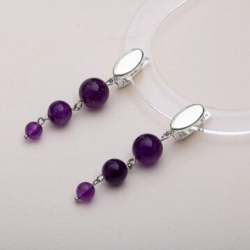 Sertifikalı Ametist Doğal Taşlı 3 Katlı Sallantılı Tasarım Gümüş Küpe - 4