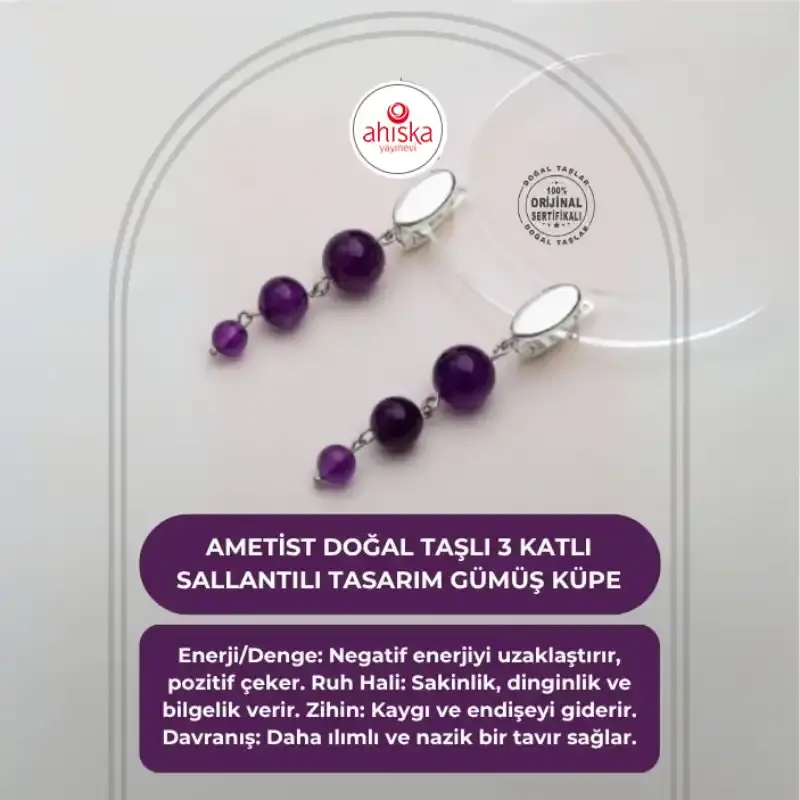 Sertifikalı Ametist Doğal Taşlı 3 Katlı Sallantılı Tasarım Gümüş Küpe - 2
