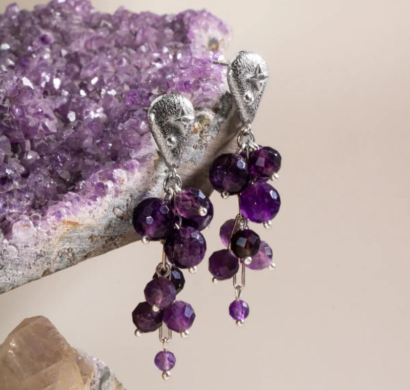 Sertifikalı Ametist Doğal Taşlı El Işçiliği Salkım Tasarım Gümüş Küpe - Doğal Taş