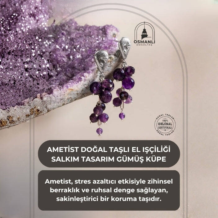 Sertifikalı Ametist Doğal Taşlı El Işçiliği Salkım Tasarım Gümüş Küpe - 2