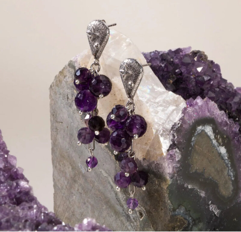 Sertifikalı Ametist Doğal Taşlı El Işçiliği Salkım Tasarım Gümüş Küpe - 3