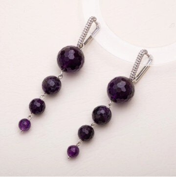 Sertifikalı Ametist Doğal Taşlı Sallantılı Tasarım Gümüş Küpe - Doğal Taş