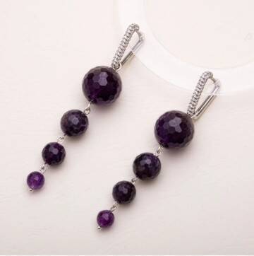 Sertifikalı Ametist Doğal Taşlı Sallantılı Tasarım Gümüş Küpe - 1