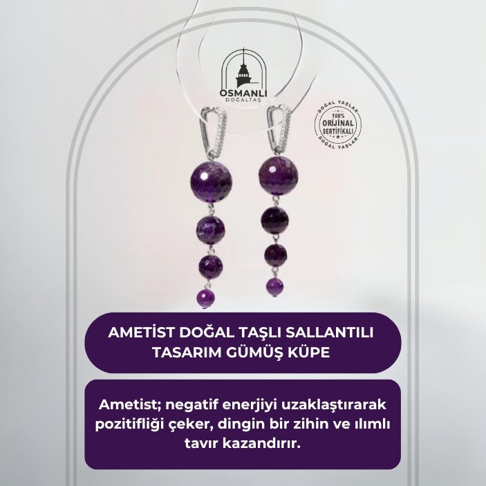 Sertifikalı Ametist Doğal Taşlı Sallantılı Tasarım Gümüş Küpe - 2
