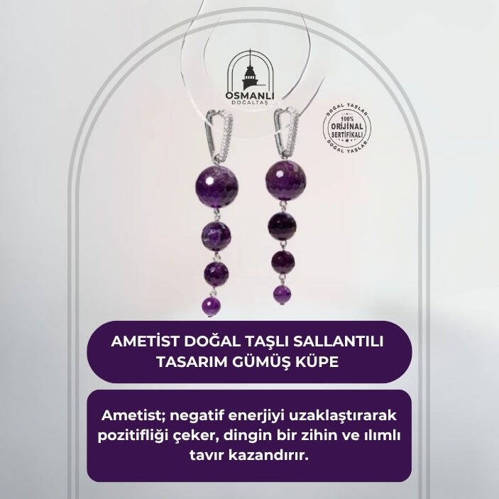 Sertifikalı Ametist Doğal Taşlı Sallantılı Tasarım Gümüş Küpe - 2