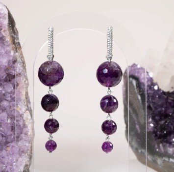 Sertifikalı Ametist Doğal Taşlı Sallantılı Tasarım Gümüş Küpe - 4