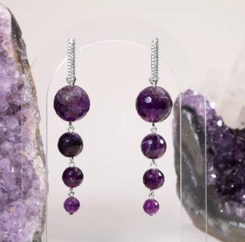 Sertifikalı Ametist Doğal Taşlı Sallantılı Tasarım Gümüş Küpe - 4