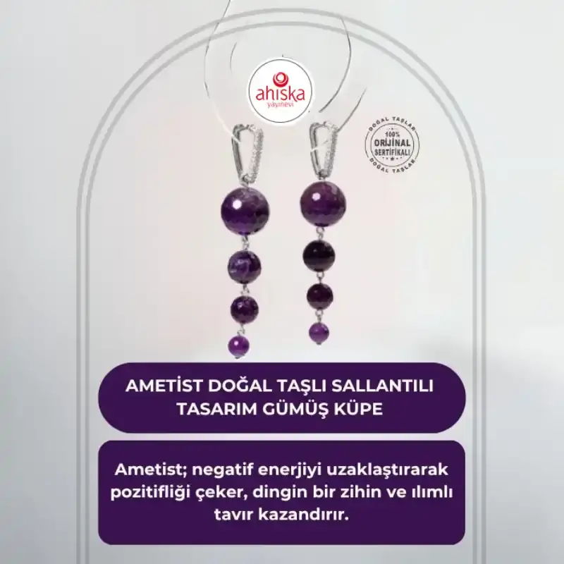 Sertifikalı Ametist Doğal Taşlı Sallantılı Tasarım Gümüş Küpe - 2