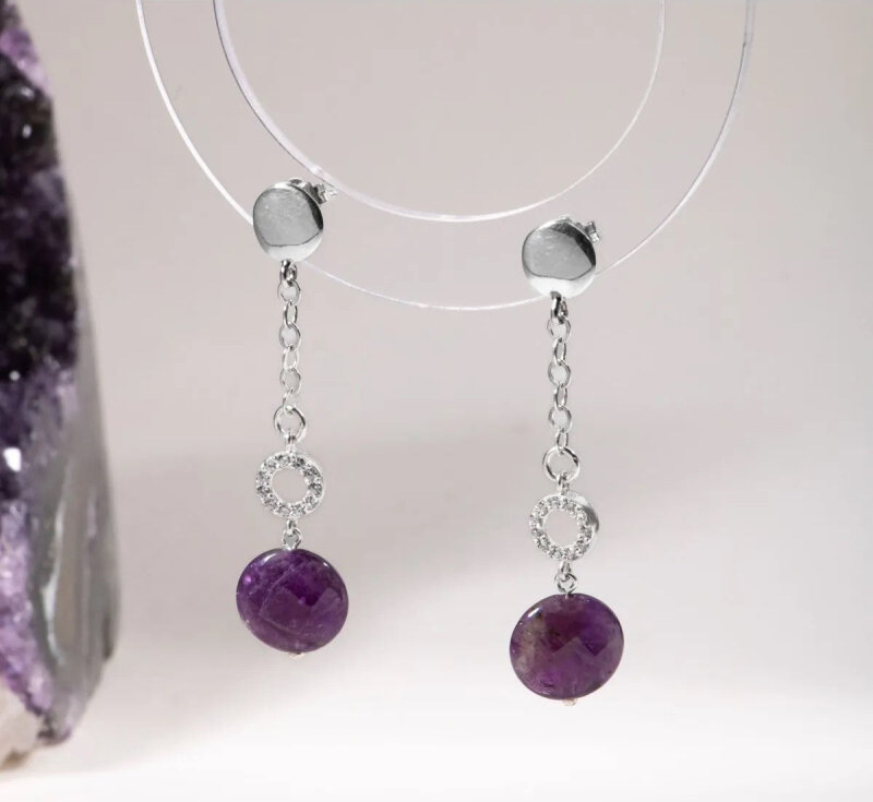 Sertifikalı Ametist Doğal Taşlı Tasarım Sallantılı Gümüş Küpe - Doğal Taş