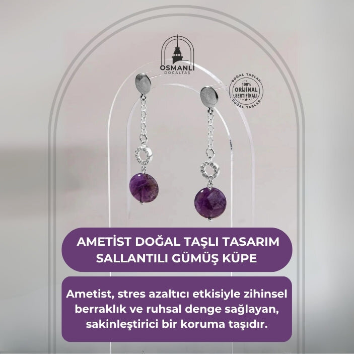 Sertifikalı Ametist Doğal Taşlı Tasarım Sallantılı Gümüş Küpe - 2