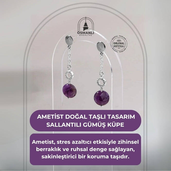 Sertifikalı Ametist Doğal Taşlı Tasarım Sallantılı Gümüş Küpe - 2