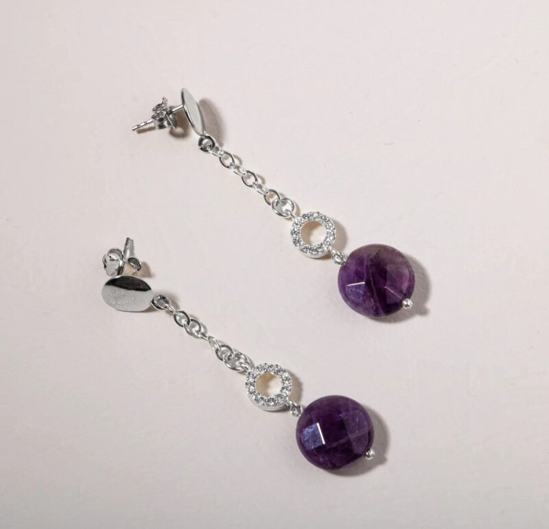 Sertifikalı Ametist Doğal Taşlı Tasarım Sallantılı Gümüş Küpe - 3