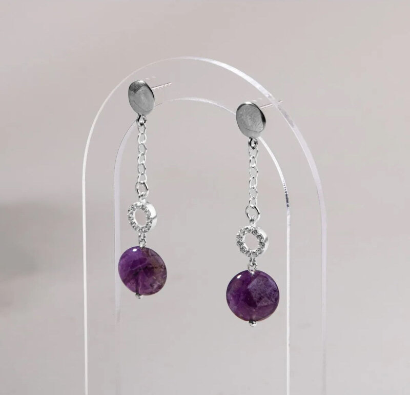 Sertifikalı Ametist Doğal Taşlı Tasarım Sallantılı Gümüş Küpe - 4