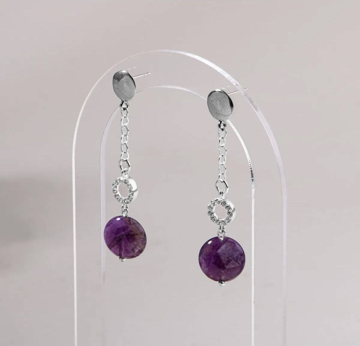 Sertifikalı Ametist Doğal Taşlı Tasarım Sallantılı Gümüş Küpe - 4