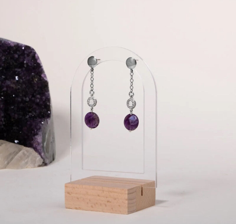 Sertifikalı Ametist Doğal Taşlı Tasarım Sallantılı Gümüş Küpe - 5