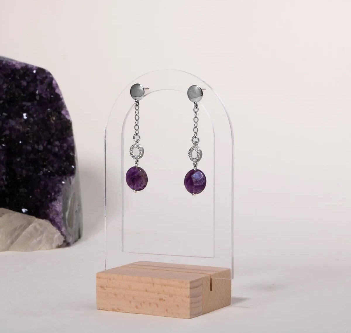 Sertifikalı Ametist Doğal Taşlı Tasarım Sallantılı Gümüş Küpe - 5