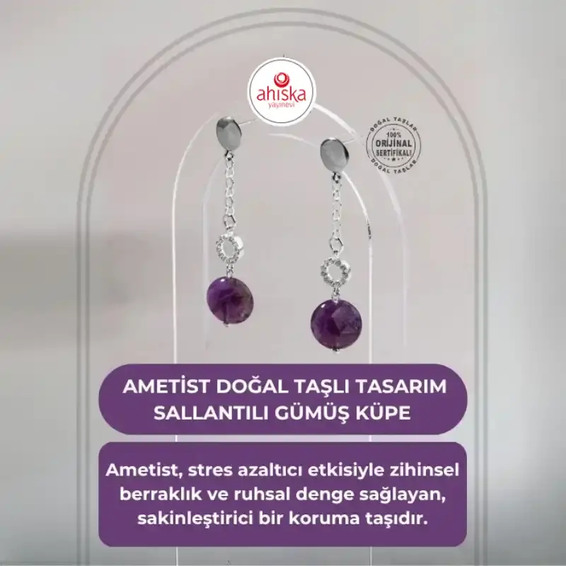 Sertifikalı Ametist Doğal Taşlı Tasarım Sallantılı Gümüş Küpe - 2