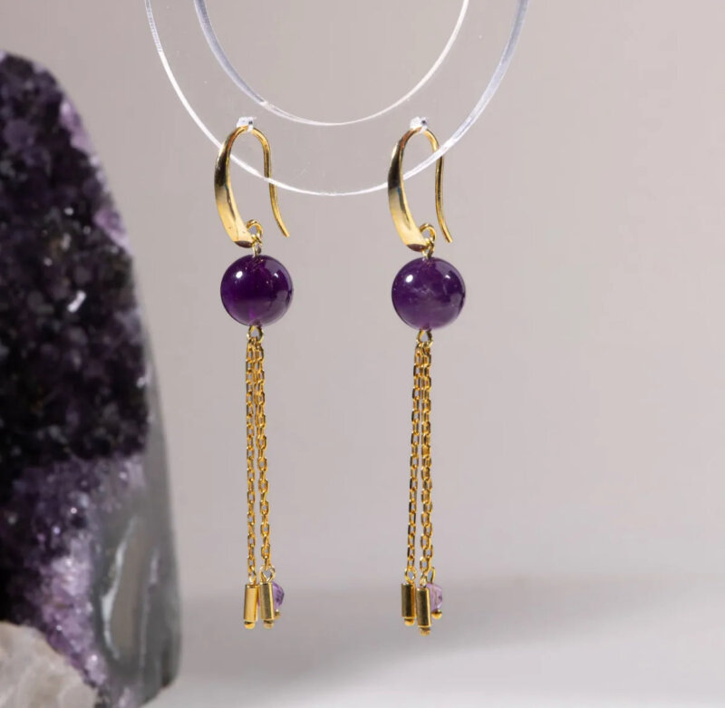 Sertifikalı Ametist Doğal Taşlı Zincir Detaylı Gümüş Küpe - Doğal Taş