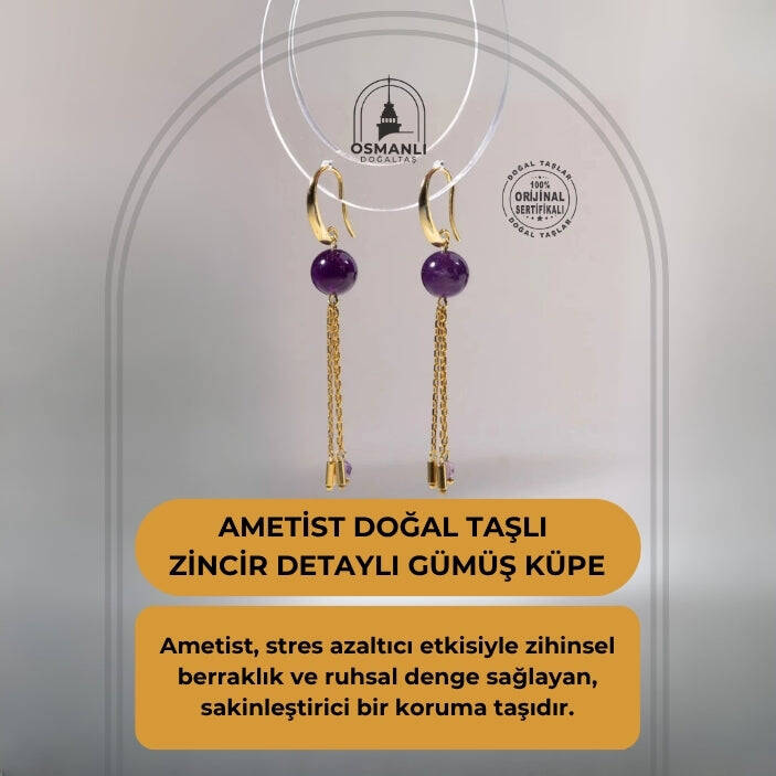 Sertifikalı Ametist Doğal Taşlı Zincir Detaylı Gümüş Küpe - 2