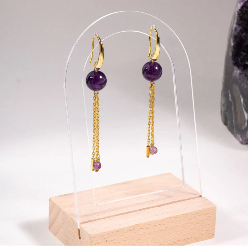 Sertifikalı Ametist Doğal Taşlı Zincir Detaylı Gümüş Küpe - 3