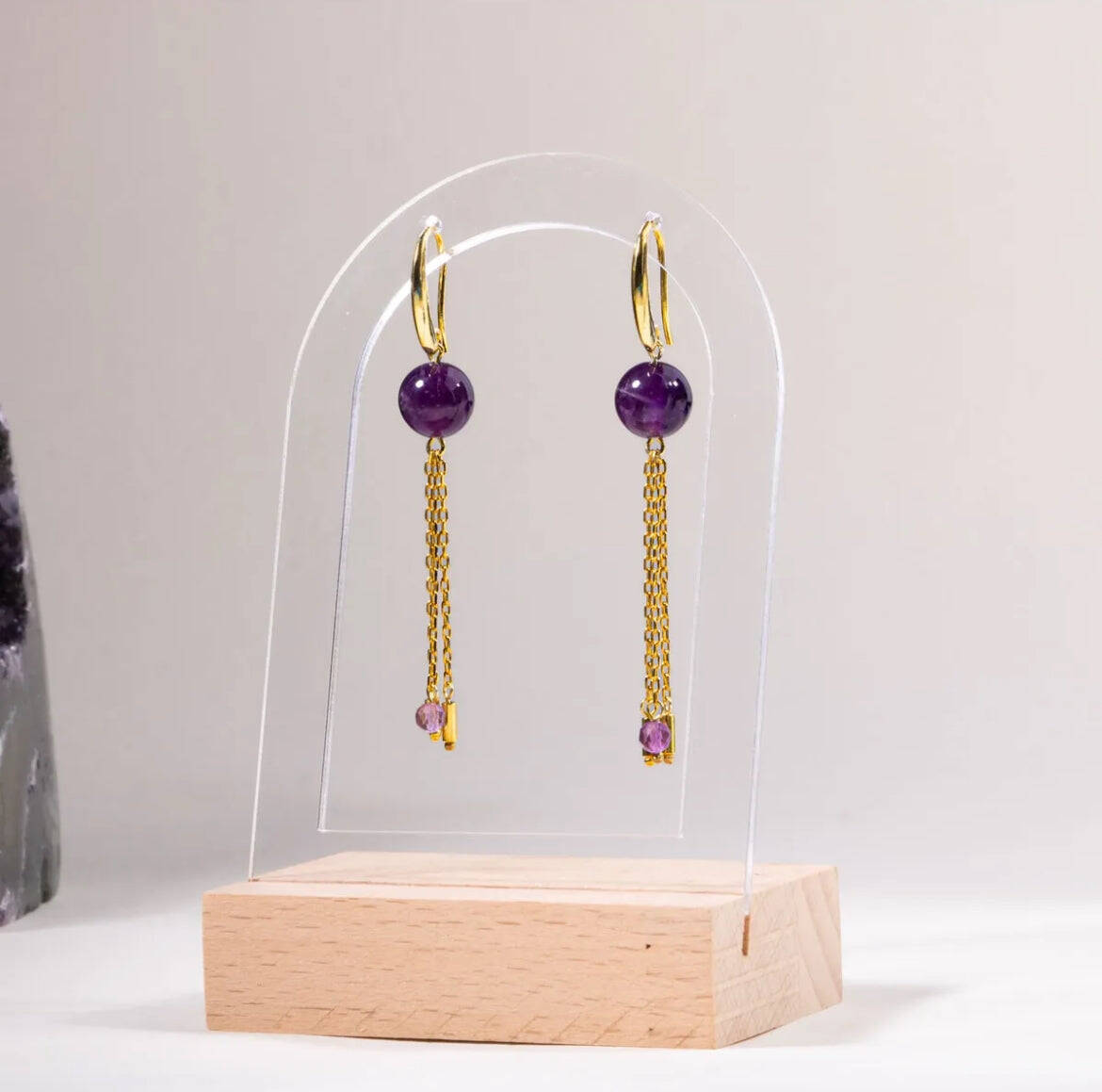 Sertifikalı Ametist Doğal Taşlı Zincir Detaylı Gümüş Küpe - 4