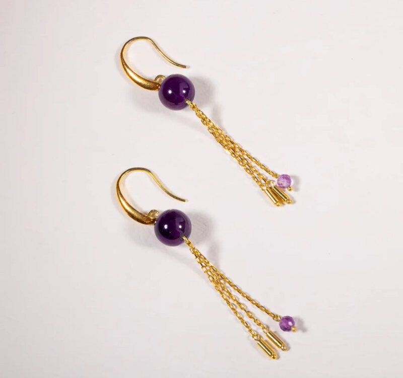 Sertifikalı Ametist Doğal Taşlı Zincir Detaylı Gümüş Küpe - 5