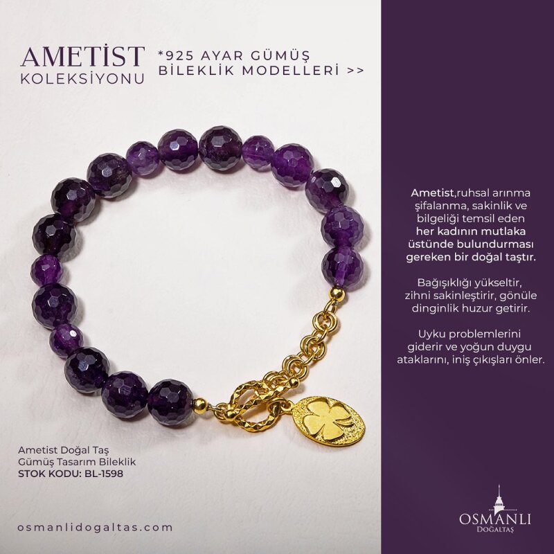 Sertifikalı Ametist Gümüş Aparatlı Doğal Taş Bileklik (SK:342) - 2
